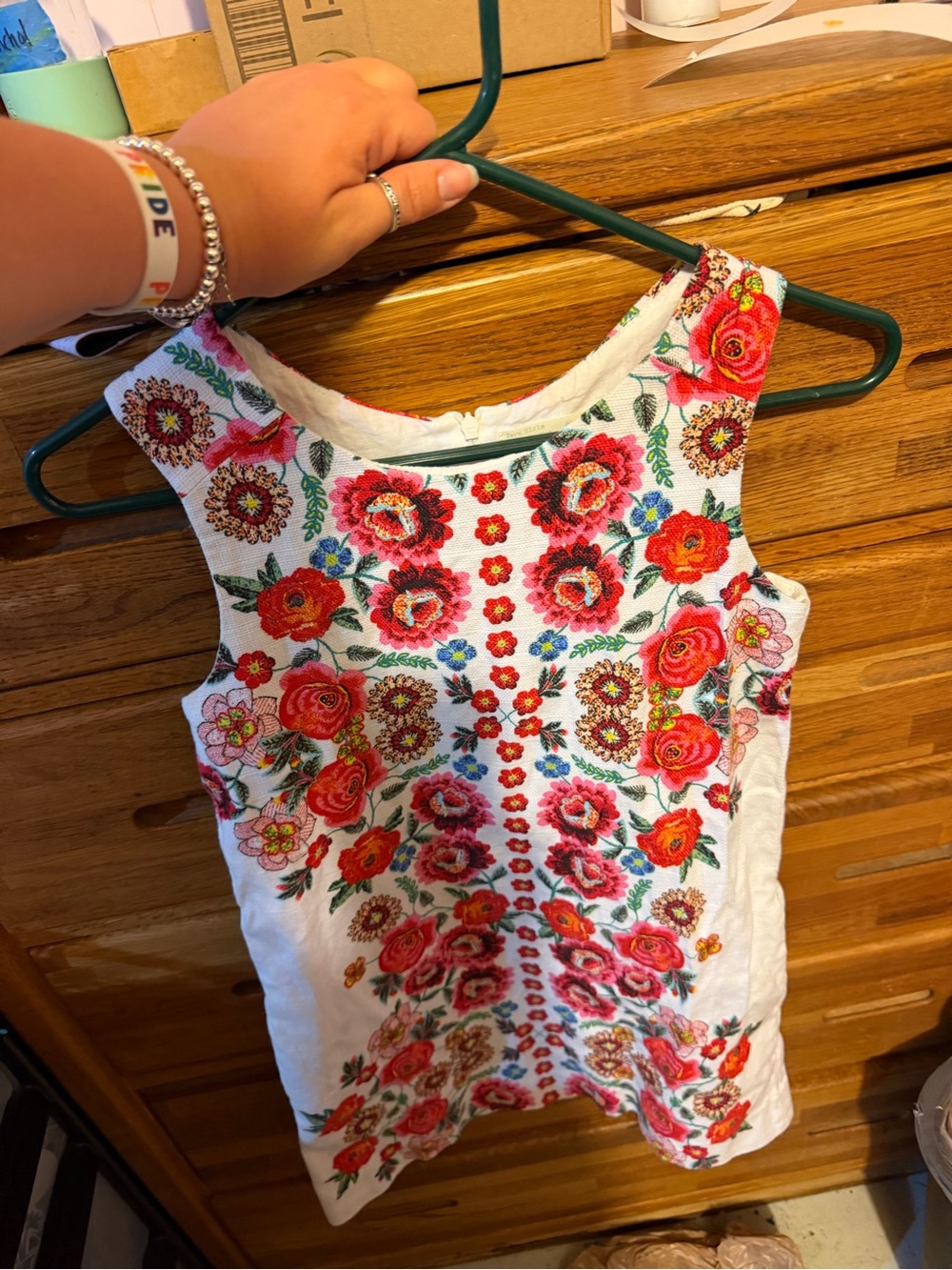 Kids Zara White Dress with Red Pink and Green Floral Embroidery